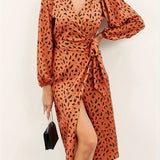 Romildi Allover Print Wrap Dress, Casual Long Sleeve V Neck Midi Dress, Women's Clothing