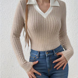 Romildi Slim Rib Knit Sweater, Casual V Neck Long Sleeve Sweater, Women's Clothing