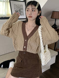 Cable Button Front Cardigan, Vintage Long Sleeve Drop Shoulder Outwear, Women's Clothing