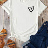 Romildi Heart Print Graphic T-Shirt, Short Sleeve Crew Neck Casual Top For Spring & Summer, Women's Clothing