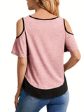 Romildi Sexy Cold Shoulder Blouses, V-neck Casual Color Block Short Sleeve Fashion Loose Tops, Women's Clothing