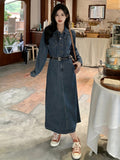 Romildi Blue Long Sleeves Denim Dress, Retro Style Single Breasted Button Split Lapel Denim Dress, Women's Denim Clothing