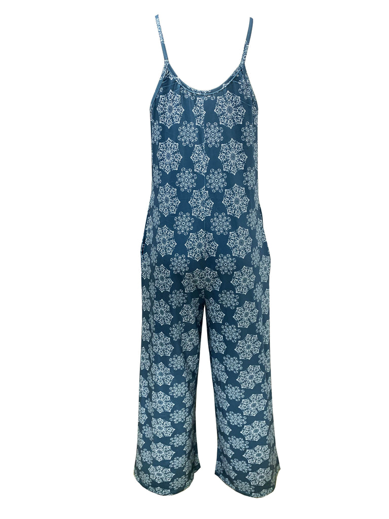 Romildi Floral Print Pocket Wide Leg Jumpsuit, Casual Sleeveless Spaghetti Strap Jumpsuit, Women's Clothing