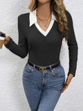 Romildi Slim Rib Knit Sweater, Casual V Neck Long Sleeve Sweater, Women's Clothing