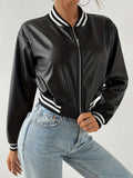 Romildi Faux Leather Crop Jacket, Y2K Zip Front Long Sleeve Jacket For Fall & Winter, Women's Clothing
