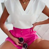 Romildi Romildi Elegant Solid V Neck Blouse, Short Sleeve Blouse For Spring & Summer, Women's Clothing
