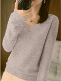 Romildi Long Sleeve Knitted Top, V Neck Elegant Casual Top, Women's Clothing