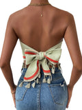 romildi Contrast Tim Hanky Hem Tube Top, Vintage Tie Back Tassel Decor Tube Summer Top, Women's Clothing