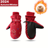 Youngsters' Winter Ski Gloves - Cozy Fleece-Lined, Waterproof & Windproof for Outdoor Cycling - Perfect Christmas Gift, Red