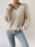 Romildi Women's Sweater Casual V Neck Cable Long Sleeve Loose Fall Winter Sweater