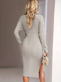 Romildi Tie Front Solid Bodycon Dress, Elegant V Neck Long Sleeve Dress, Women's Clothing