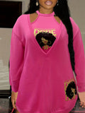 Romildi Romildi Plus Size Casual Outfits Set, Women's Plus Cartoon Figure Print Halter Neck Crop Top & Long Sleeve Slash Neck Sweater Dress Outfits Two Piece Set