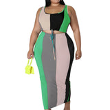 Romildi Romildi Plus Size Colorblock Ribbed Drawstring Tank Top & Slim Fit Skirt Sets, Women's Plus Medium Stretch 2pcs Sets