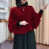 Romildi Elegant Hollow Out Knitted Shawl Stylish Solid Color Pullover Coat Autumn Winter Warm Versatile Bat Sleeves Cloak