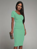 Romildi Solid Ribbed Dress, Elegant V Neck Short Sleeve Slim Dress, Women's Clothing