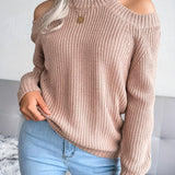 Romildi Solid Color Crew Neck Cold Shoulder Knitted Tops, Casual Everyday Pullover Sweaters, Women's Clothing