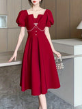 Romildi Tucked Puff Sleeve Solid Dress, Elegant High Waist Party Midi Dress, Women's Clothing