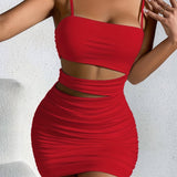 Y2K Solid Hollow Bodycon Cami Dress, Sexy Spaghetti Dress For Spring & Summer, Women's Clothing