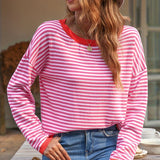romildi  Women's Sweater Contrast Striped Crew Neck Side Stripe Pullovers