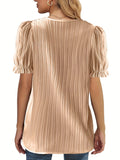 Romildi Lace Trim Solid Blouse, Elegant V-neck Short Sleeve Blouse, Women's Clothing