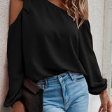 Romildi Solid Cold Shoulder Blouse, Casual Long Sleeve Blouse For Spring & Fall, Women's Clothing