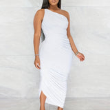 Romildi Ruched One Shoulder Dress, Sexy Sleeveless Bodycon Party Solid Dress, Women's Clothing