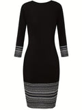 Romildi Tribal Striped Print Dress, Elegant Slim Crew Neck Long Sleeve Bag Hip Dress, Women's Clothing