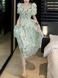 Floral Print Square Neck Shirred Dress, Elegant Puff Sleeve Ruffle Hem Swing Dress, Women's Clothing