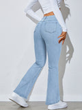 Romildi High Waist High Strech Light Blue Bootcut Jeans, Zipper Button Closure Flare Leg Causal Denim Pants, Women's Denim Jeans & Clothing