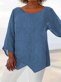 Romildi Plus Size Casual Top, Women's Plus Plain Crinkle Half Sleeve Round Neck Split Hem T-shirt