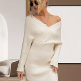 Romildi Rib Knit Sweater Dress, Sexy V Neck Long Sleeve Bodycon Dress, Women's Clothing