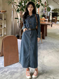 Romildi Blue Long Sleeves Denim Dress, Retro Style Single Breasted Button Split Lapel Denim Dress, Women's Denim Clothing