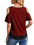 Romildi Sexy Cold Shoulder Blouses, V-neck Casual Color Block Short Sleeve Fashion Loose Tops, Women's Clothing