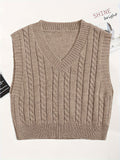 Romildi Solid V Neck Cable Knit Vest, Elegant Sleeveless Sweater Vest, Women's Clothing