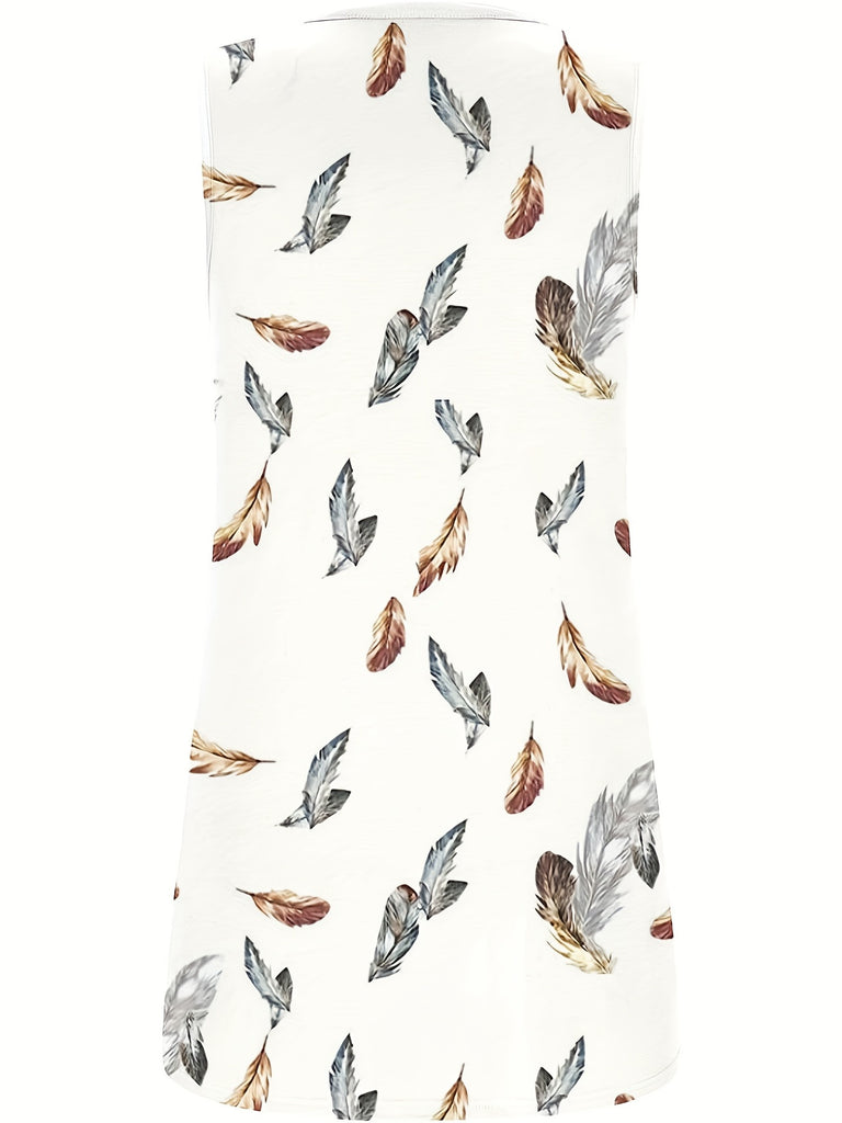 Romildi Feather Print Ruched Square Neck Tank Top, Casual Sleeveless Top For Summer, Women's Clothing