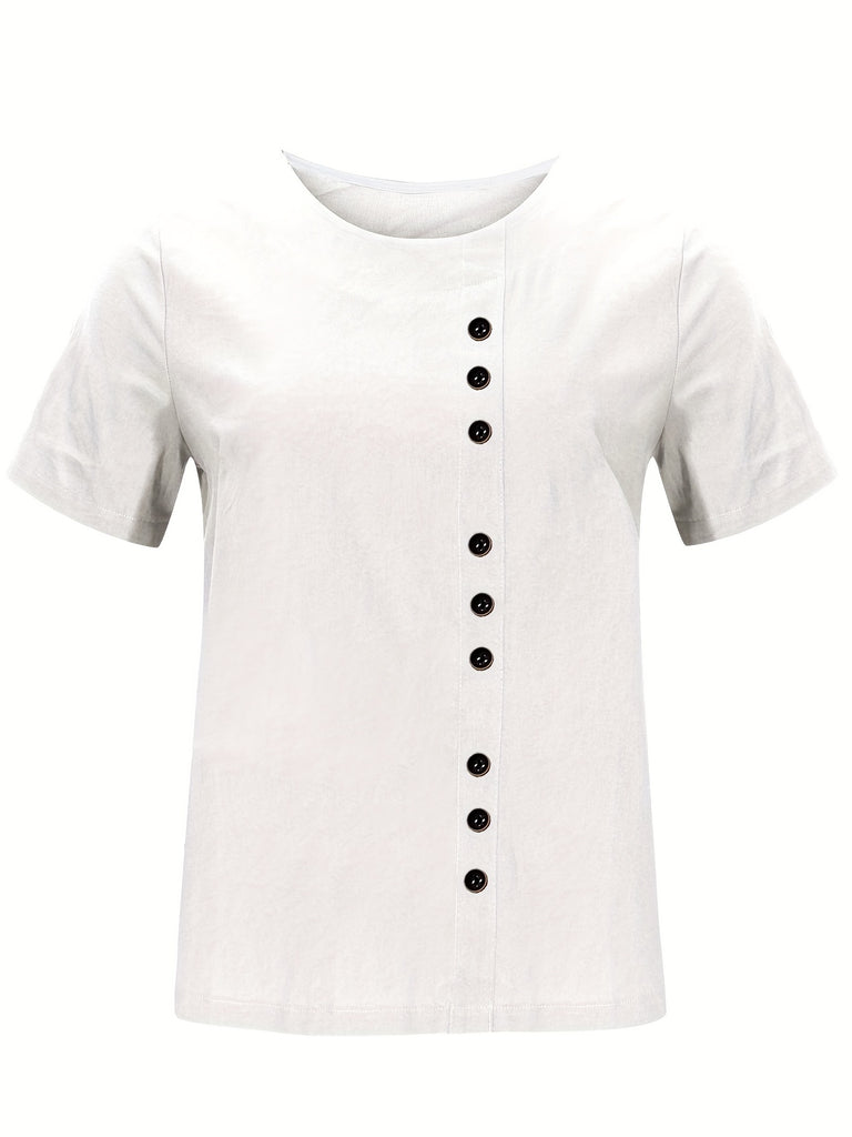 Romildi Romildi Buttons Solid T-shirt, Casual Crew Neck Short Sleeve Summer T-shirt, Women's Clothing