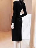 Romildi Solid Bodycon Midi Dress, Elegant V Neck Long Sleeve Dress, Women's Clothing