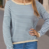 romildi  Women's Sweater Contrast Striped Crew Neck Side Stripe Pullovers