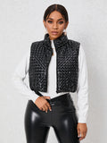 Romildi Solid Zip Up Cotton-padded Coat, Elegant Sleeveless Outwear For Winter, Women's Clothing