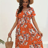 Romildi Floral Print Surplice Neck Dress, Boho Short Sleeve Shirred Waist Dress, Women's Clothing