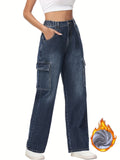 Romildi Plush Lined Washed Straight Jeans, Flap Pockets Loose Fit Elastic Waist Cargo Pants, Women's Denim Jeans & Clothing