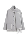 Romildi Contrast Trim Patched Pockets Overcoat, Elegant Long Sleeve Fringe Scarf Outwear For Fall & Winter, Women's Clothing