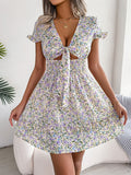 Romildi Ditsy Floral Print Tie Front Dress, Vacation Shirred Waist Short Sleeve Ruffle Trim Dress, Women's Clothing