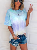 Romildi Tie Dye Color Block T-Shirt, Crew Neck Short Sleeve T-Shirt, Casual Every Day Tops, Women's Clothing