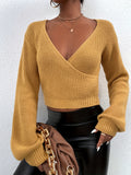 Romildi Solid Surplice Neck Knit Sweater, Casual Long Sleeve Crop Sweater, Women's Clothing