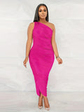 Romildi Ruched One Shoulder Dress, Sexy Sleeveless Bodycon Party Solid Dress, Women's Clothing