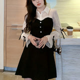 Romildi Ruffle Trim Splicing Dress, Elegant Turn Down Collar Long Sleeve Sweetheart Neck Dress, Women's Clothing