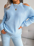 Romildi Solid Color Crew Neck Cold Shoulder Knitted Tops, Casual Everyday Pullover Sweaters, Women's Clothing