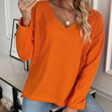 Romildi V Neck Knit Sweater, Casual Long Sleeve Dipped Hem Oversized Sweater, Women's Clothing