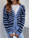 Romildi Striped Button Down Knit Cardigan, Casual V Neck Long Sleeve Sweater, Women's Clothing